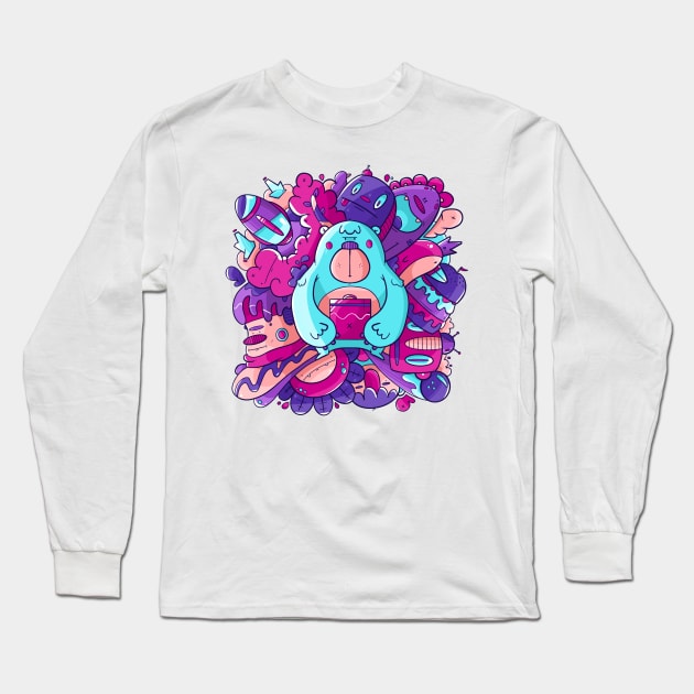 Cute Bear Neon Nights Doodle Long Sleeve T-Shirt by Jamsey Doodles